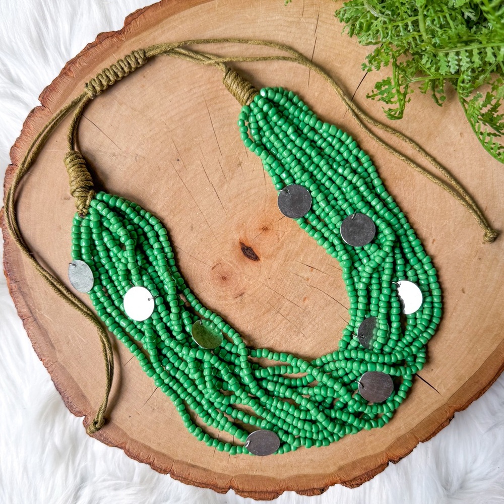 Boho Green Glass Seed Bead Leather Cord Multistrand Necklace Silver Coin Discs